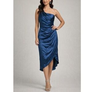 Ryanth Women's Blue One‎ Shoulder Ruched Satin Midi Dress Size 4 NWT